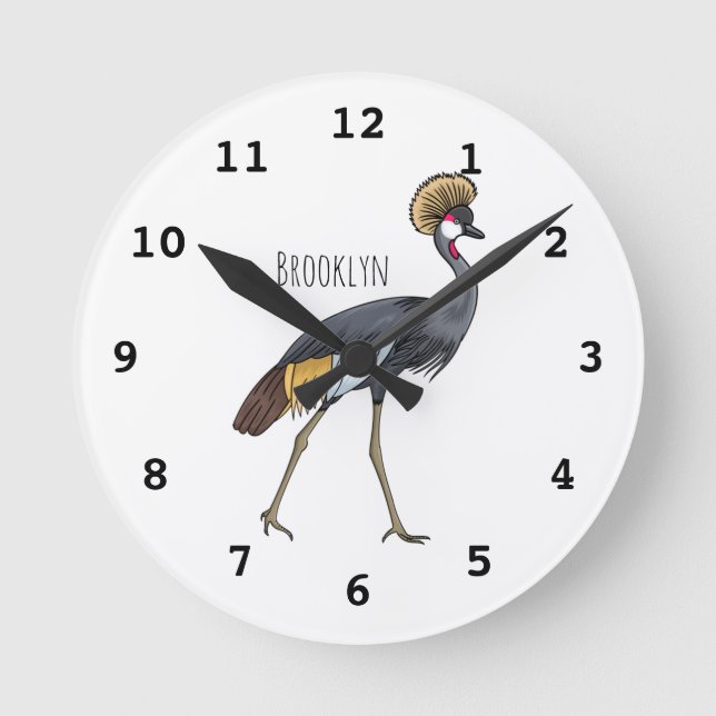 Horloge Ronde Caricature d'oiseau de grue couronné gris (Recto)