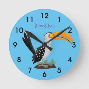 Horloge Ronde Caricature d'oiseau de safari de barbecue jaune am