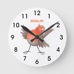 Horloge Ronde Caricature d'oiseau rouge chantant mignon