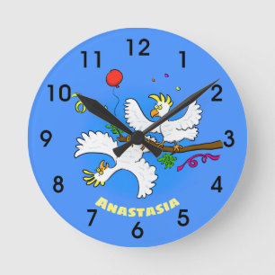 Horloge Ronde Caricature d'oiseaux de cockatoo amusante