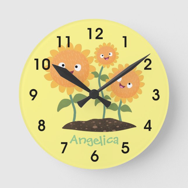 Horloge Ronde Caricature joli tournesol souriant illustration (Recto)