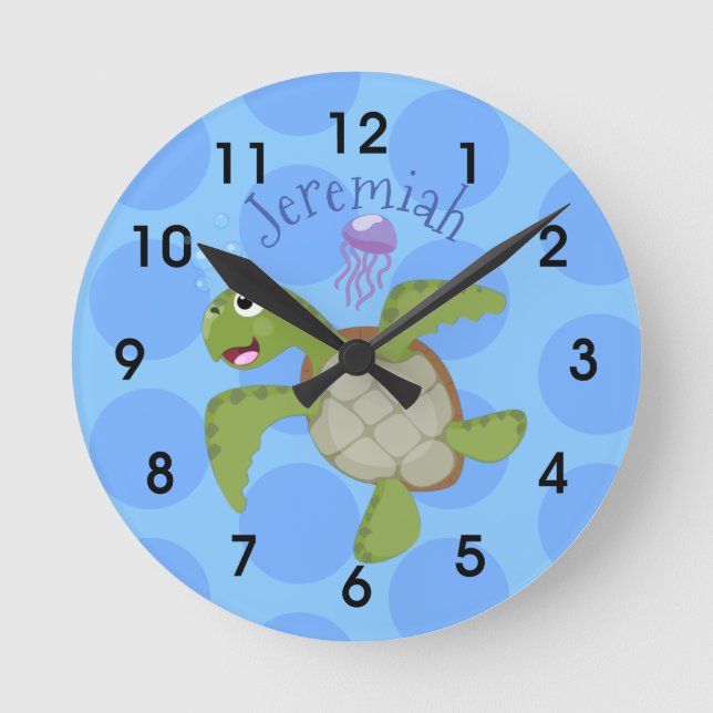 Horloge Ronde Caricature joyeuse de tortue de mer verte mignonne (Recto)