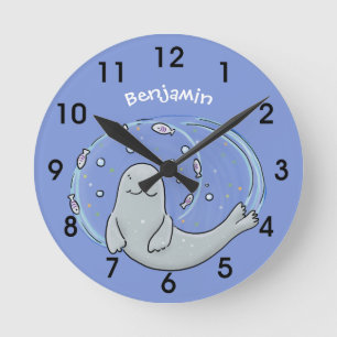 Horloge Ronde Caricature joyeux de phoque et de poisson bleu