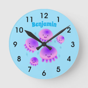 Horloge Ronde Caricature kawaii de méduse mauve rose