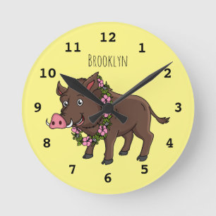 Horloge Ronde Caricature mignonne sanglier et fleurs
