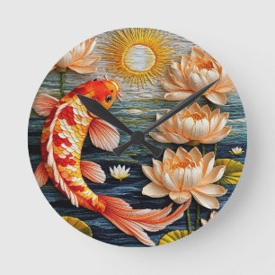 Horloge Ronde Carpe Koï Entourée de Fleurs de Lotus