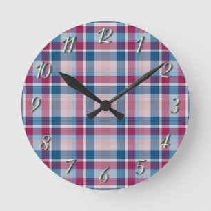 Horloge Ronde Carreaux Classiques Bleu Rouge