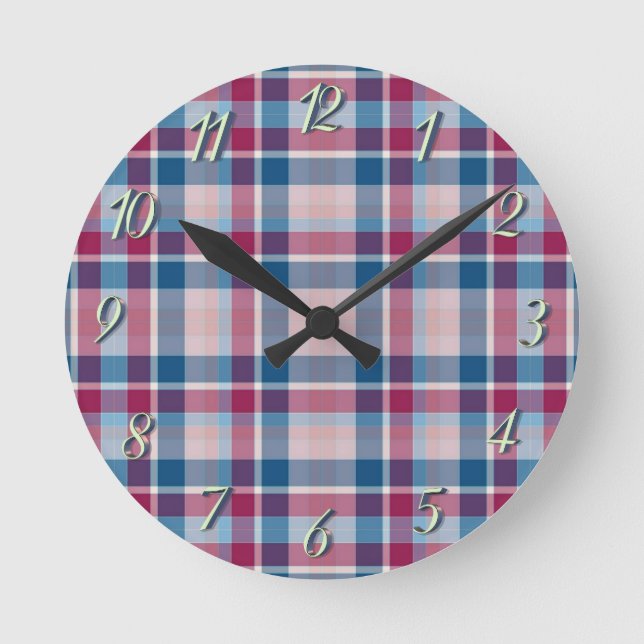 Horloge Ronde Carreaux Classiques Bleu Rouge (Recto)