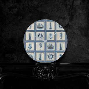 Horloge Ronde Carreaux marins Blue Lighthouse Ancre Ship Wheel