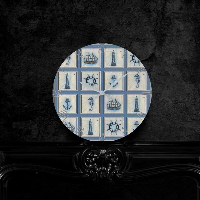 Horloge Ronde Carreaux marins | Blue Lighthouse Ancre Ship Wheel (Créateur téléchargé)