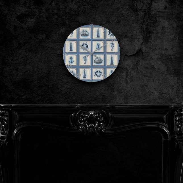 Horloge Ronde Carreaux marins | Blue Lighthouse Ancre Ship Wheel (Créateur téléchargé)