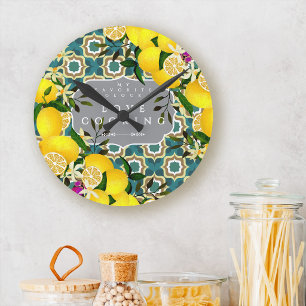 Horloge Ronde Carreaux Méditerranéens Citron Gris Bleu