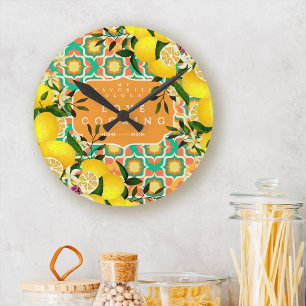 Horloge Ronde Carreaux Méditerranéens Citron Orange