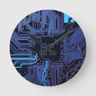 Horloge Ronde Carte cool de circuit d'ordinateur bleu