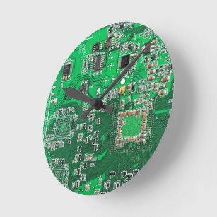 Horloge Ronde Carte de circuit Geek d'ordinateur vert