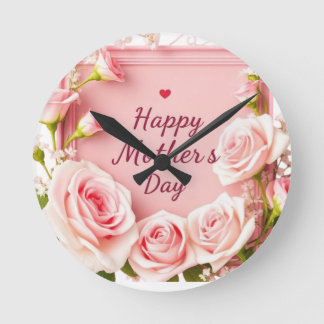 Horloge Ronde Carte de Fête des Mères Rose Rose Élégante