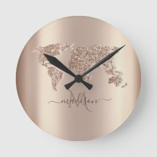 Horloge Ronde Carte du monde pailletée Monogramme de voyage