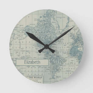 Horloge Ronde Carte du monde Vintage customisez votre nom