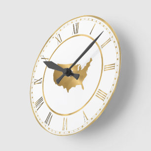 Horloge Ronde Carte USA en or avec chiffres romains