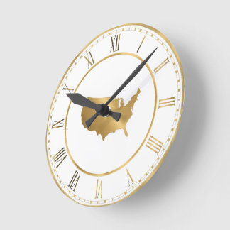 Horloge Ronde Carte USA en or avec chiffres romains