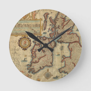 Horloge Ronde Carte vintage des îles britanniques, 1552 - 1629