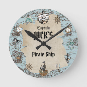 Horloge Ronde Carte vintage Pirate Ancre Salle de bain pour garç