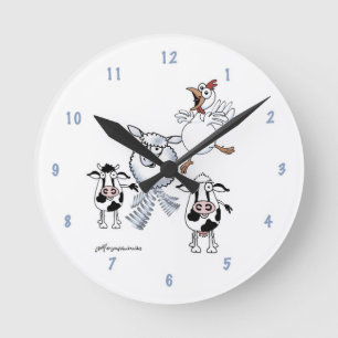 Horloge Ronde Cartoon cow, bull, sheep and chicken on a clock