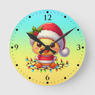 Horloge Ronde Cartoon de canard de Noël Père Noël-68362