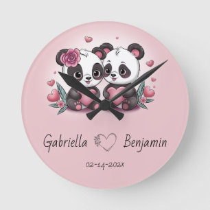 Horloge Ronde Cartoon mignon Panda amoureux Coeur Saint-Valentin