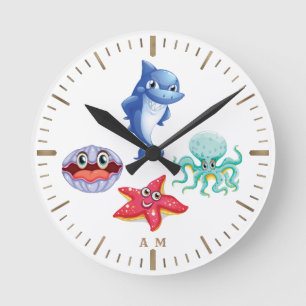 Horloge Ronde Cartoon mignon Requin Octopus Starfish Shell Monog