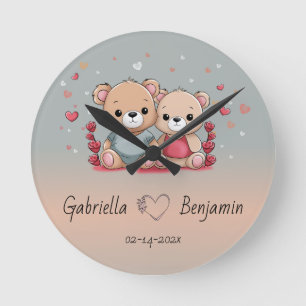 Horloge Ronde Cartoon mignon Teddy Lovers Heart Valentine's Day