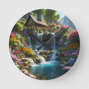 Horloge Ronde Cascades cabines de montagne paisibles fleurs