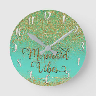 Horloge Ronde Cascading Gold Glitter Teal Aqua Mermaid Vibes