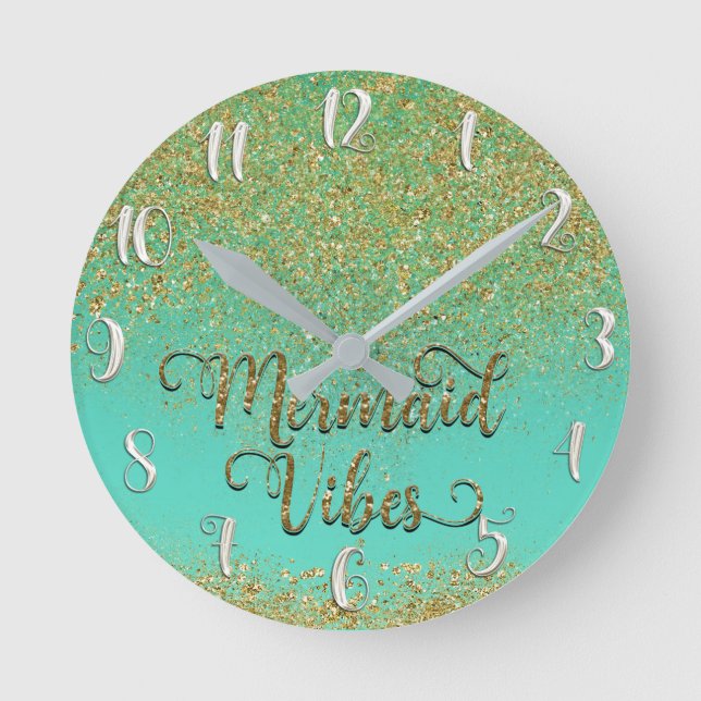 Horloge Ronde Cascading Gold Glitter Teal Aqua Mermaid Vibes (Recto)