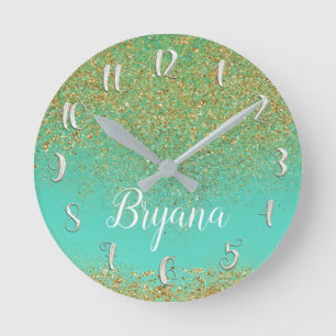 Horloge Ronde Cascading Gold Parties scintillant Turquoise Aqua 