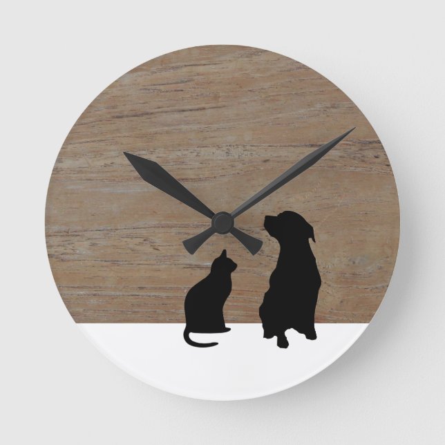 Horloge Ronde Cat and dog illustration silhouettes on wood (Recto)