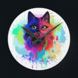 Horloge Ronde Cat Trippy Psychedelic Pop Art<br><div class="desc">Portrait de chat de Pop Art Trippy Psychedelic sur des plaques de peinture colorées. Illustration vectorielle originaleCopyright BluedarkArt TheChameleonArt.</div>