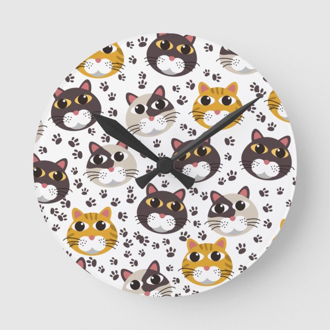 Horloge Ronde Cats and paw prints pattern throw pillow (Recto)