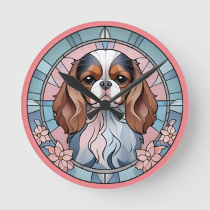 Horloge Ronde Cavalier King Charles Pastel Vitrail rose
