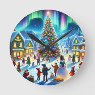 Horloge Ronde Célébration de Noël d'hiver des Aurores Boréales