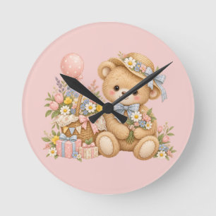 Horloge Ronde Célébration de nounours vintage avec des fleurs sa