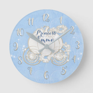 Horloge Ronde Cendrillon Carrosse Personnalisé Princesse Bleu Ét