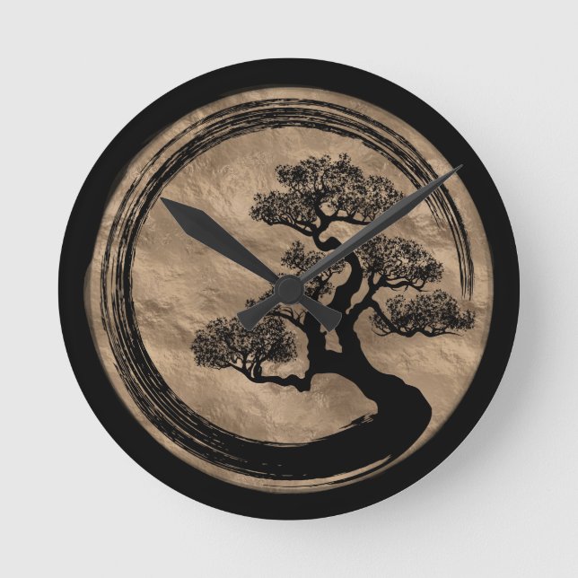 Horloge Ronde Cercle de zen d'Enso et or d'arbre de bonsaïs (Recto)