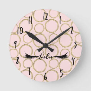 Horloge Ronde Cercles dorés & Cils Glamour Roses Salon Moderne