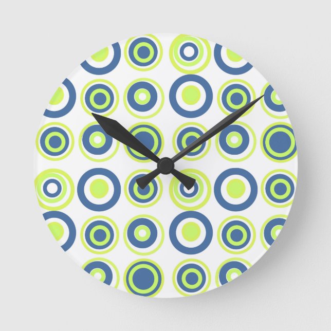 Horloge Ronde Cercles Rétro Pois Lime Vert Turquoise Sur Blanc (Recto)