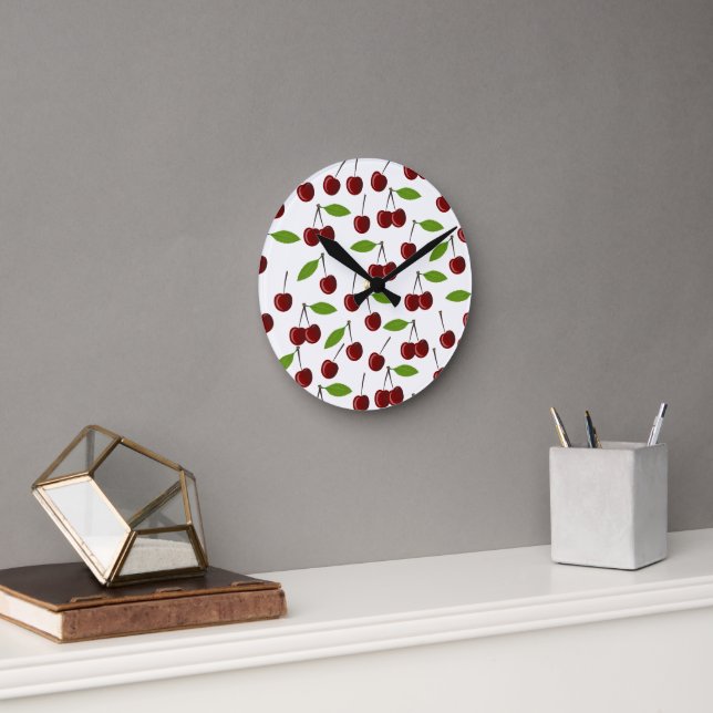Horloge Ronde Cerise Rouge, Motif De Cerises, Feuilles, Fruits (Bureau)