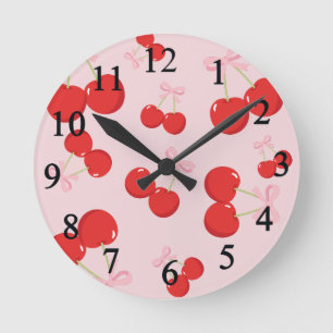 Horloge Ronde Cerises Rouges avec Nœud Rose Cottage Chic Coquett