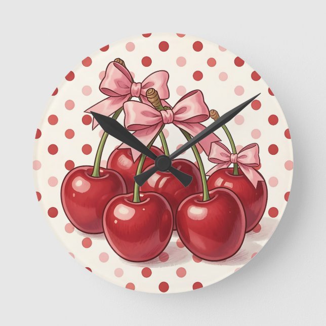 Horloge Ronde Cerises Rouges Douces Rubans Roses Rétro Points  (Recto)