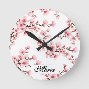 Horloge Ronde Cerisier Japonais Fleur de Cerisier Monogramme Ros