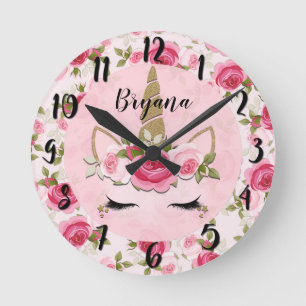 Horloge Ronde Chambre tendance licorne or rose florale
